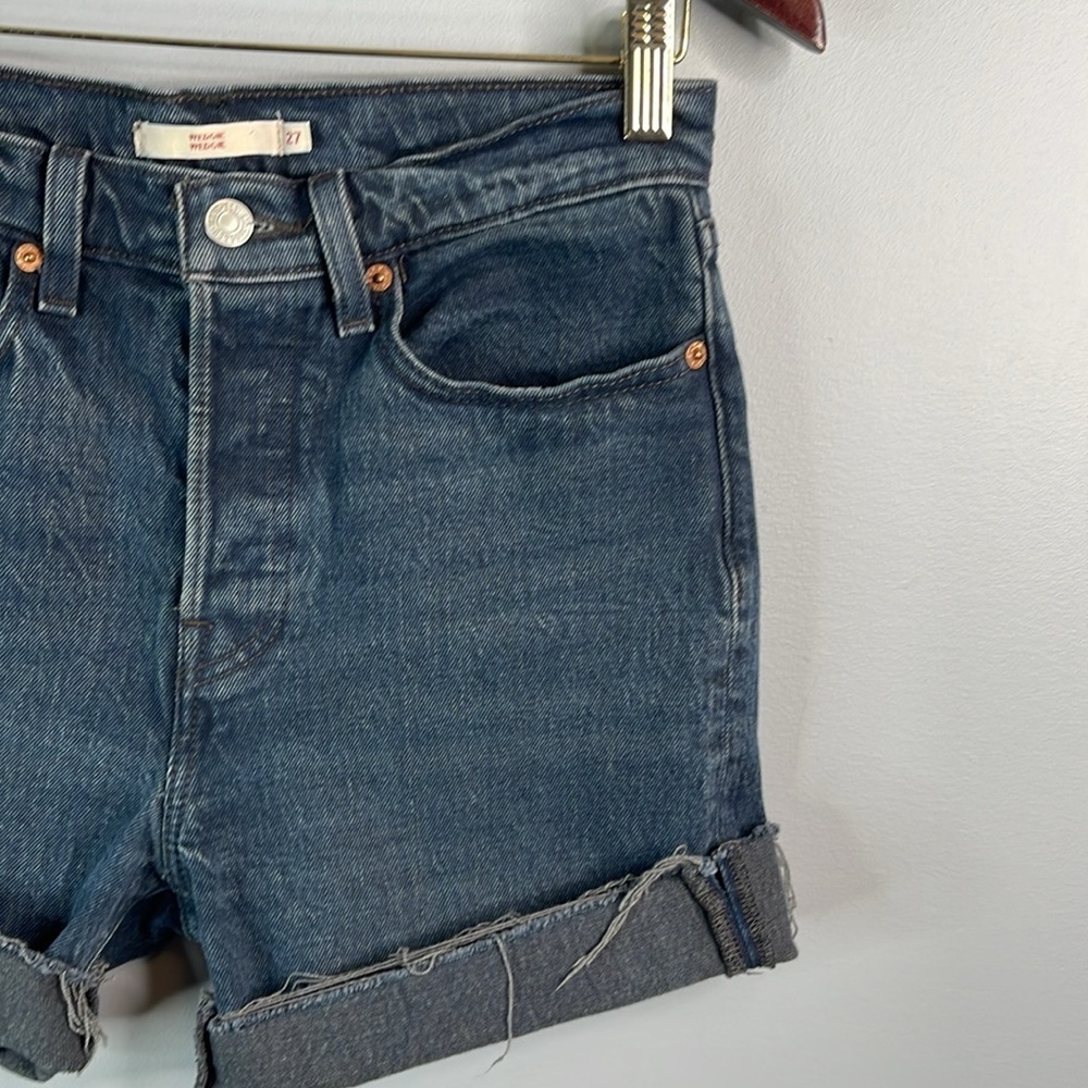 LEVIS Premium Wedgie Fit Upcycled Shorts Black Denim High Waist Button Fly  27 - Picture 4 of 14